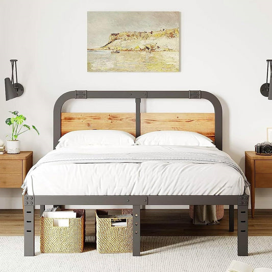 King Heavy Duty Black Metal Bed Frame with Solid Wood Panel Headboard - Tampa Home & Garden Store