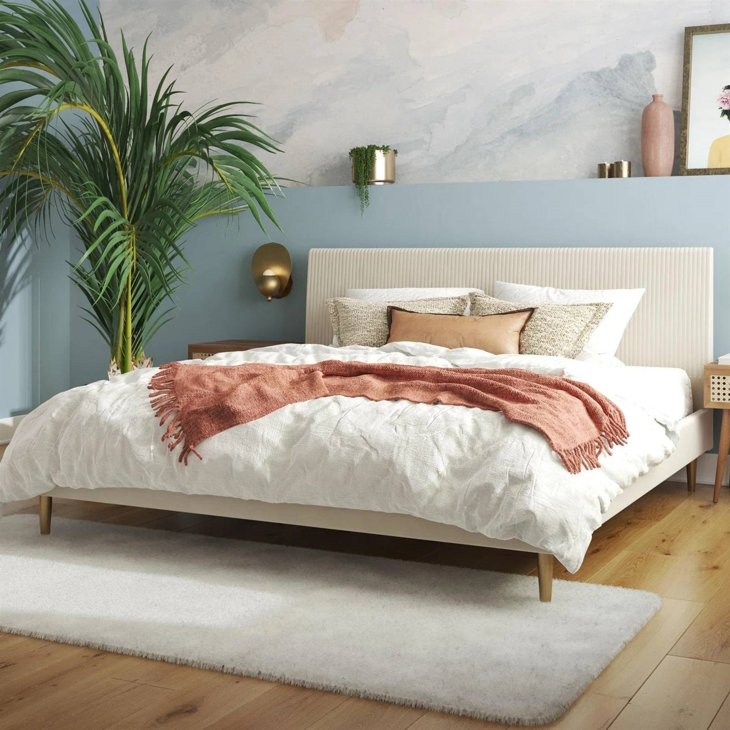 King Mid-Century Off-White Velvet Upholstered Platform Bed Frame with Headboard - Tampa Home & Garden Store
