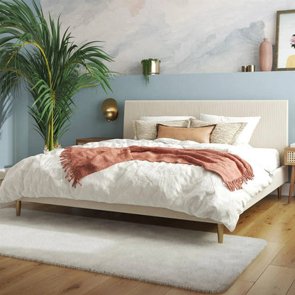 King Mid-Century Off-White Velvet Upholstered Platform Bed Frame with Headboard - Tampa Home & Garden Store