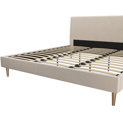 King Mid-Century Off-White Velvet Upholstered Platform Bed Frame with Headboard - Tampa Home & Garden Store