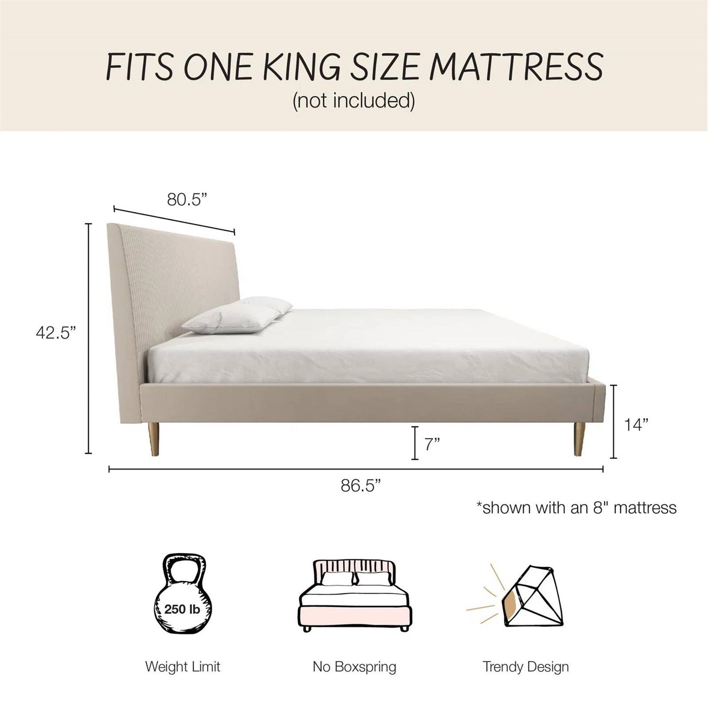 King Mid-Century Off-White Velvet Upholstered Platform Bed Frame with Headboard - Tampa Home & Garden Store