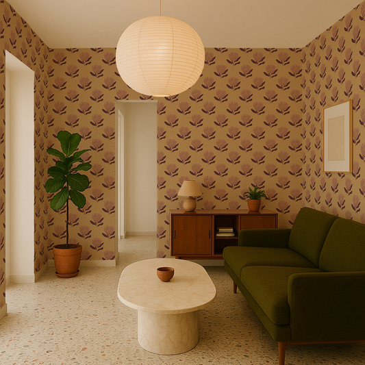 King Protea Wallpaper, butter yellow and mauve - Tampa Home & Garden Store