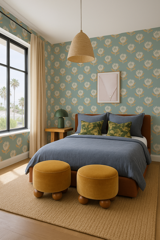 King Protea Wallpaper, light blue and apricot - Tampa Home & Garden Store