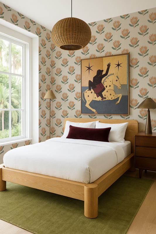 King Protea Wallpaper, neutral and apricot - Tampa Home & Garden Store
