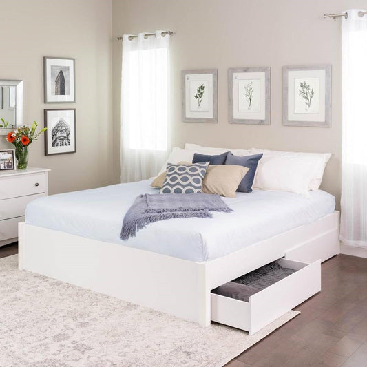 King Size 4 Drawer Storage White Wooden 4 Post Platform Bed  Frame - Tampa Home & Garden Store