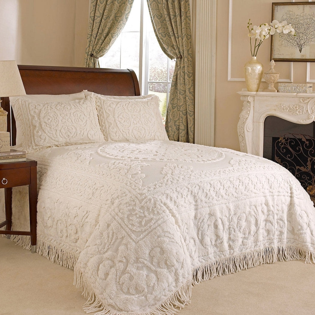 King size 100% Cotton Chenille Bedspread in Ivory with 2 Standard size Pillow Shams - Tampa Home & Garden Store