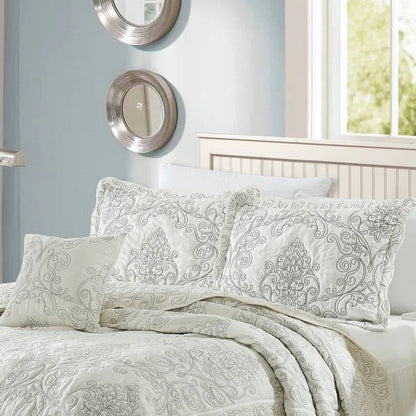 King size Antique White Damask Embroidered 4 Piece Oversized Bedspread Set - Tampa Home & Garden Store