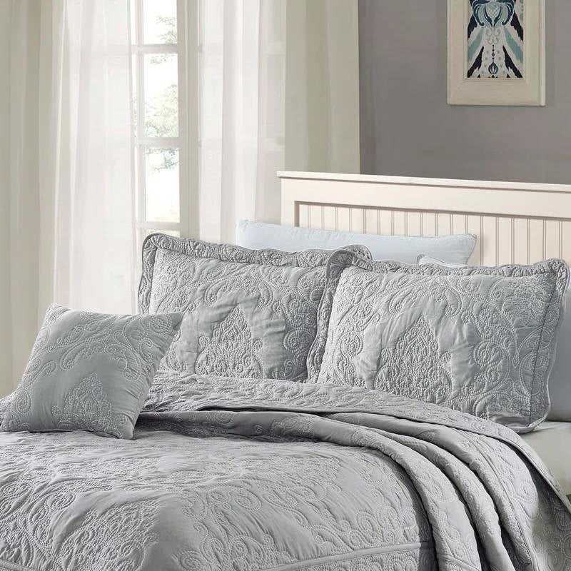 King size Ash Grey Damask Embroidered 4 Piece Oversized Bedspread Set - Tampa Home & Garden Store