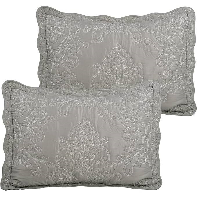 King size Ash Grey Damask Embroidered 4 Piece Oversized Bedspread Set - Tampa Home & Garden Store