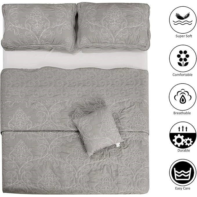 King size Ash Grey Damask Embroidered 4 Piece Oversized Bedspread Set - Tampa Home & Garden Store