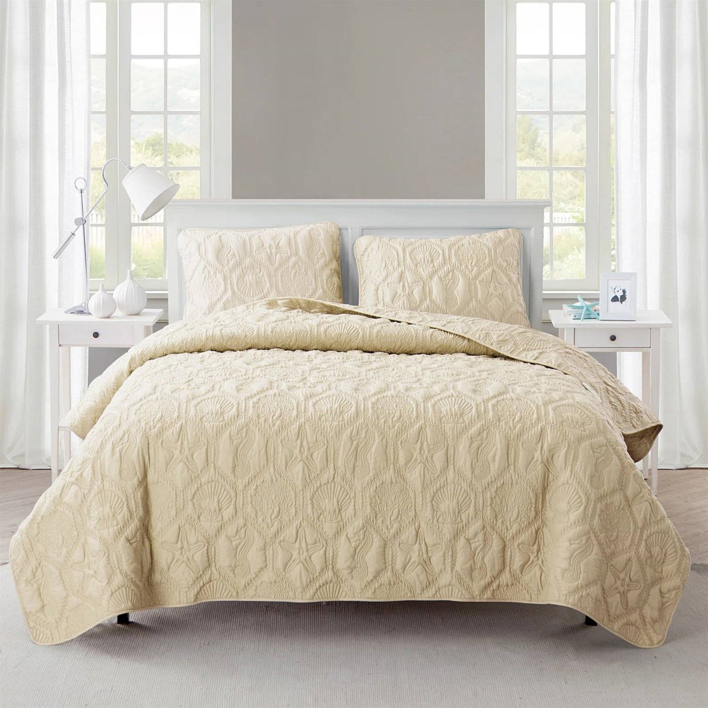 King size Coastal Beach Starfish Seashells Sea Horse Sand Tan 3-Piece Quilt Set - Tampa Home & Garden Store