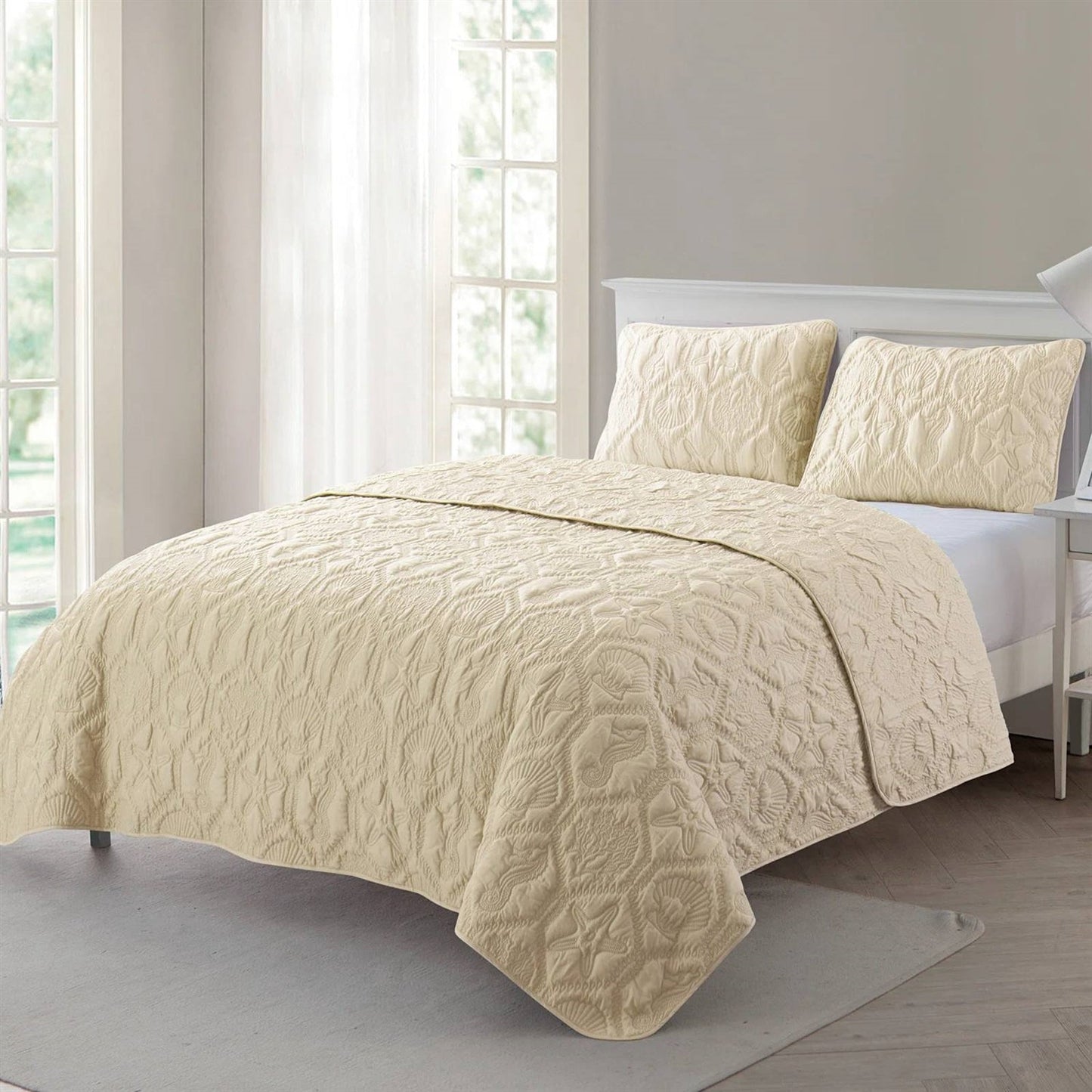 King size Coastal Beach Starfish Seashells Sea Horse Sand Tan 3-Piece Quilt Set - Tampa Home & Garden Store