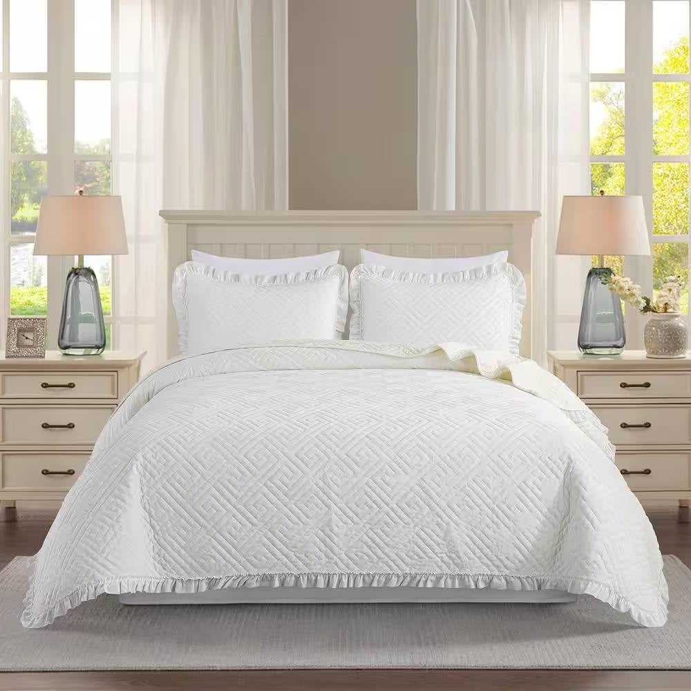 King size Ivory White Velvet Microfiber Polyester Reversible 3-Piece Quilt Set - Tampa Home & Garden Store