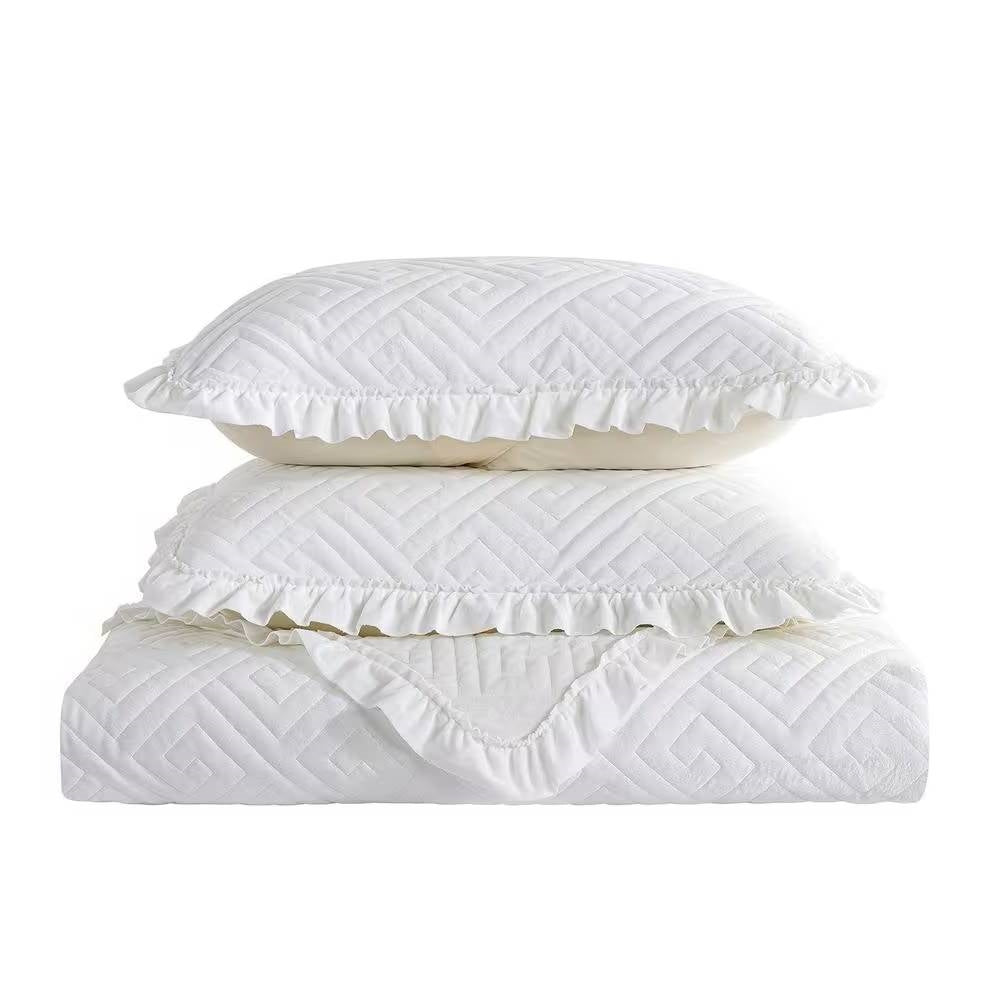King size Ivory White Velvet Microfiber Polyester Reversible 3-Piece Quilt Set - Tampa Home & Garden Store