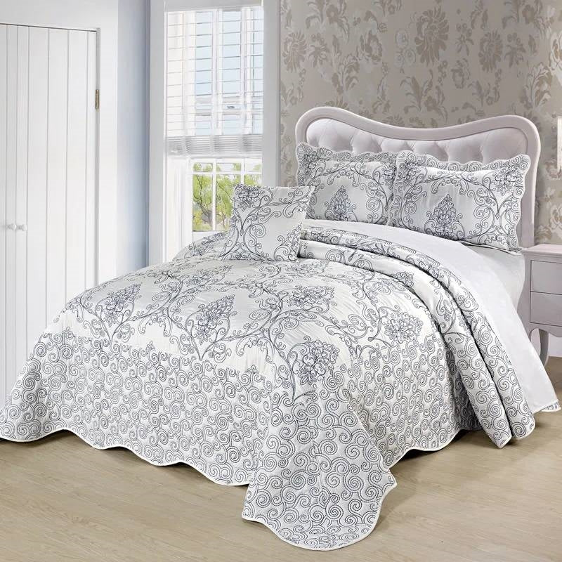 King size White Damask Embroidered 4 Piece Oversized Bedspread Set - Tampa Home & Garden Store