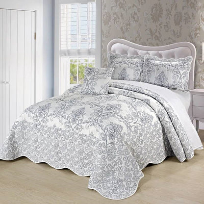 King size White Damask Embroidered 4 Piece Oversized Bedspread Set - Tampa Home & Garden Store