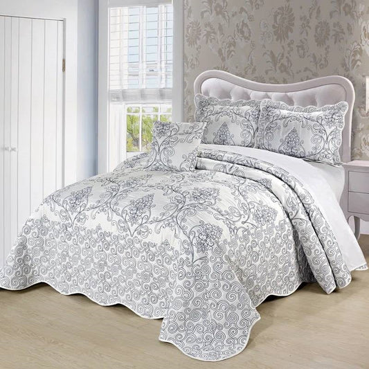 King size White Damask Embroidered 4 Piece Oversized Bedspread Set - Tampa Home & Garden Store