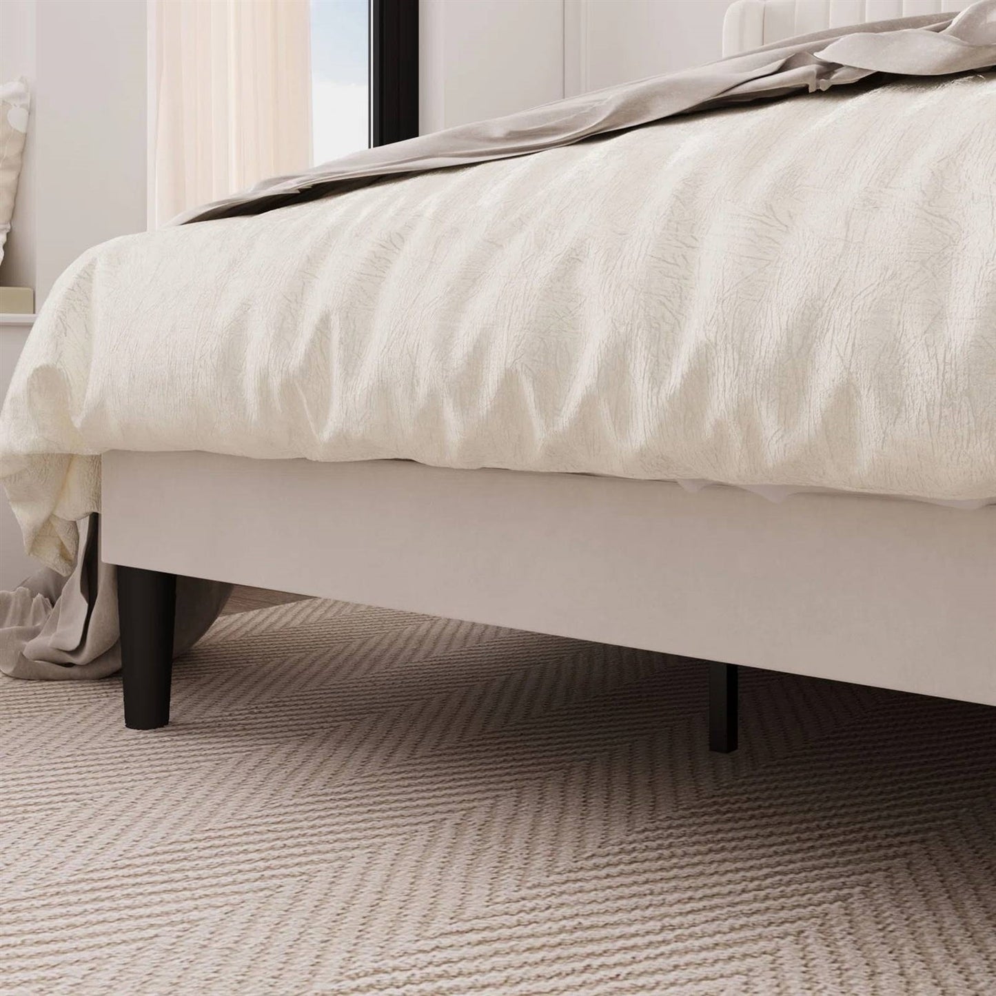 King size White Velvet Upholstered Platform Bed Frame with Wingback Headboard - Tampa Home & Garden Store