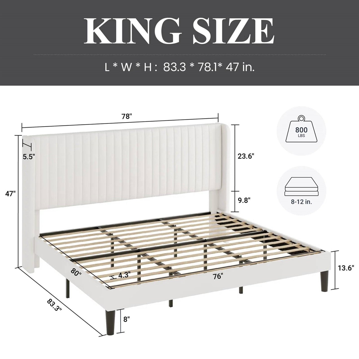 King size White Velvet Upholstered Platform Bed Frame with Wingback Headboard - Tampa Home & Garden Store