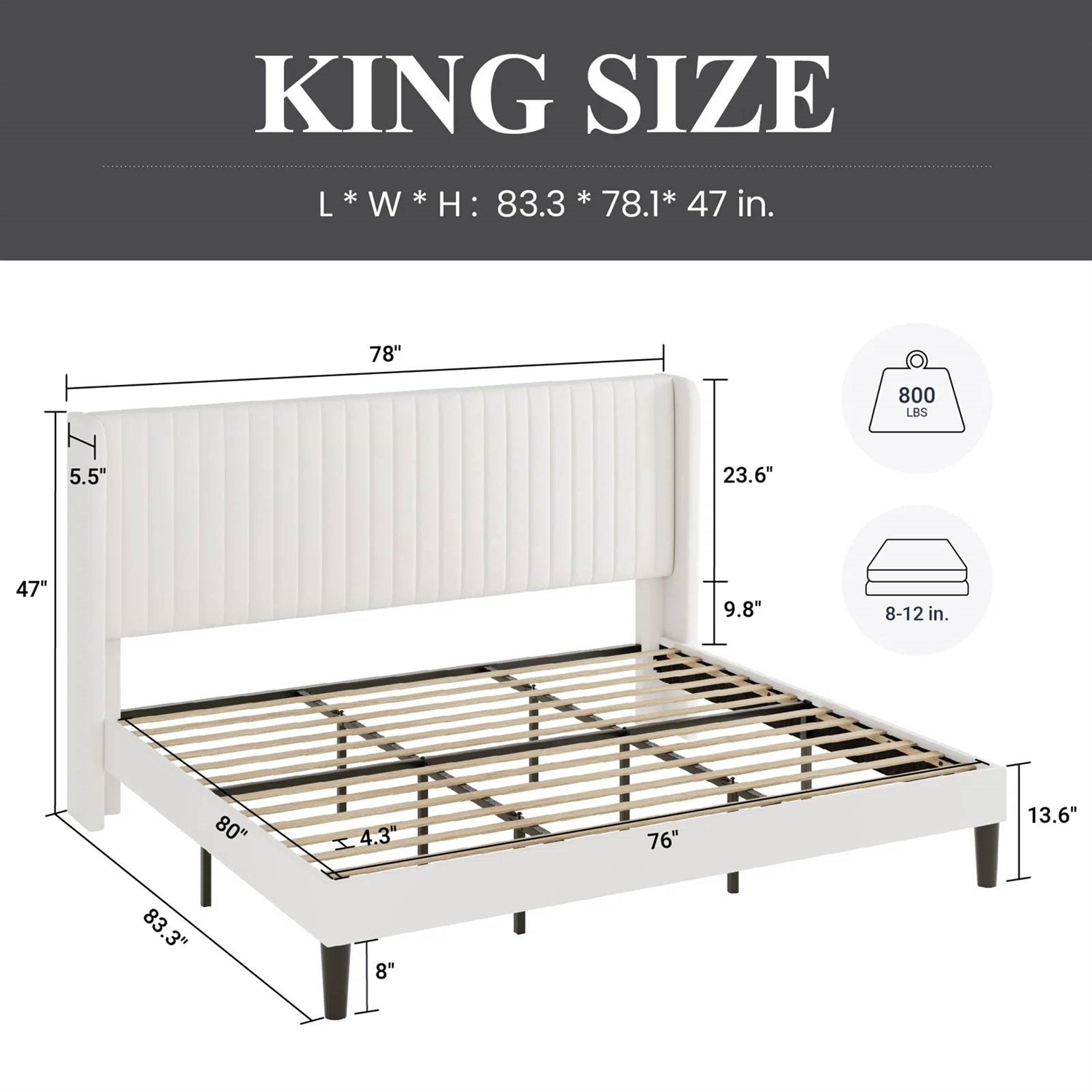 King size White Velvet Upholstered Platform Bed Frame with Wingback Headboard - Tampa Home & Garden Store