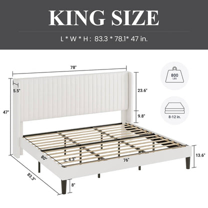 King size White Velvet Upholstered Platform Bed Frame with Wingback Headboard - Tampa Home & Garden Store