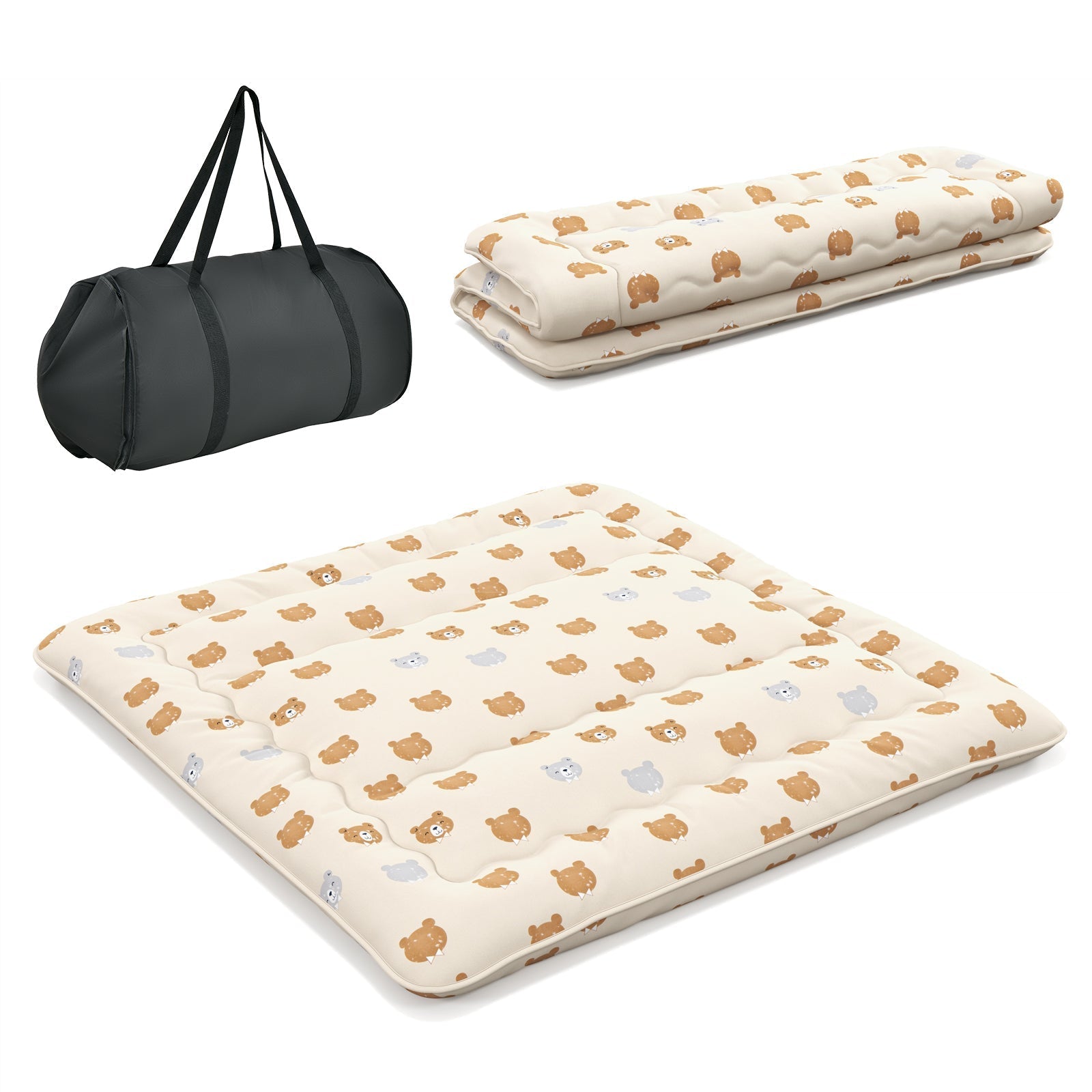 GemGear Foldable futon mattress with washable cream bear-pattern cover; includes gray carry bag on Tampa Home & Garden Store