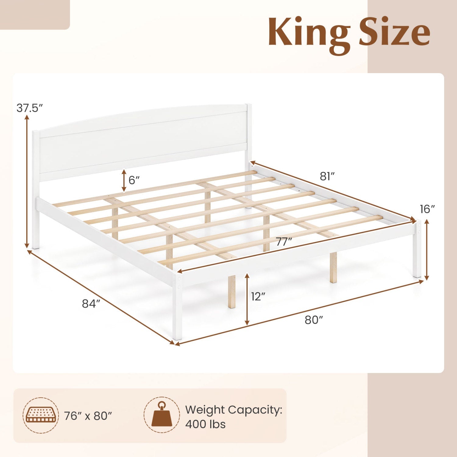 King Size wooden platform bed frame with curved headboard, white, slat base by DirectDeals on Tampa Home & Garden Store