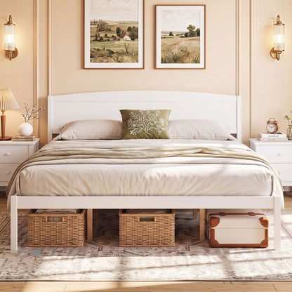 DirectDeals King Size wooden platform bed frame with curved white headboard in a beige bedroom on Tampa Home & Garden Store