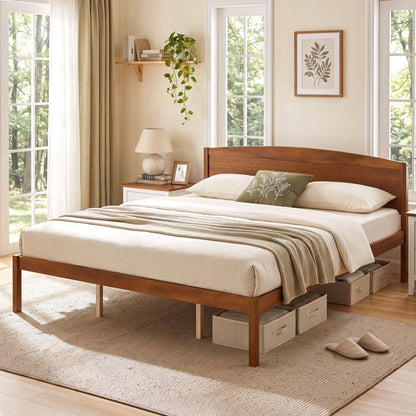 King size wooden platform bed frame with curved headboard in warm brown wood finish DirectDeals on Tampa Home & Garden Store