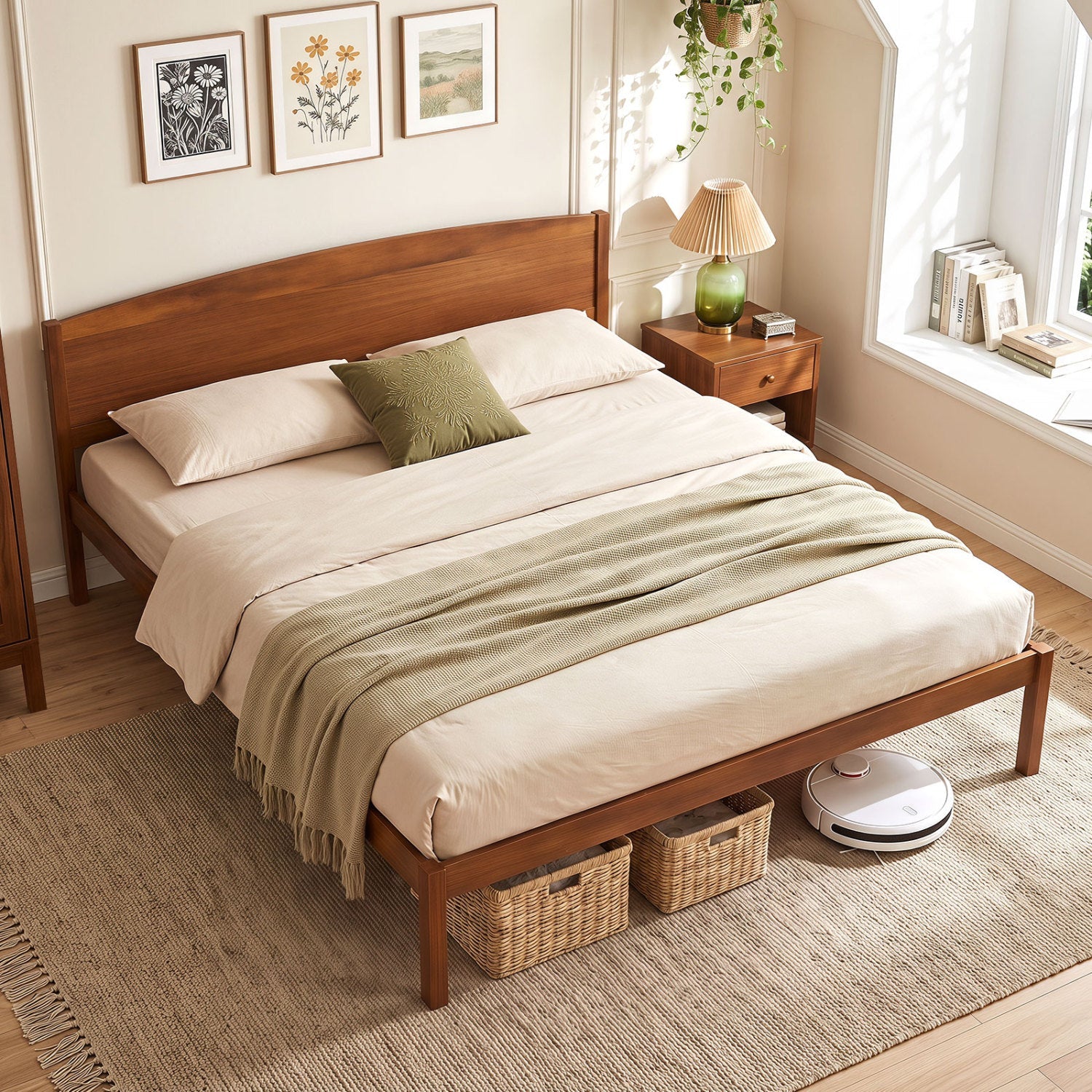 King Size Wooden Platform Bed Frame with Curved Headboard in warm wood DirectDeals on Tampa Home & Garden Store