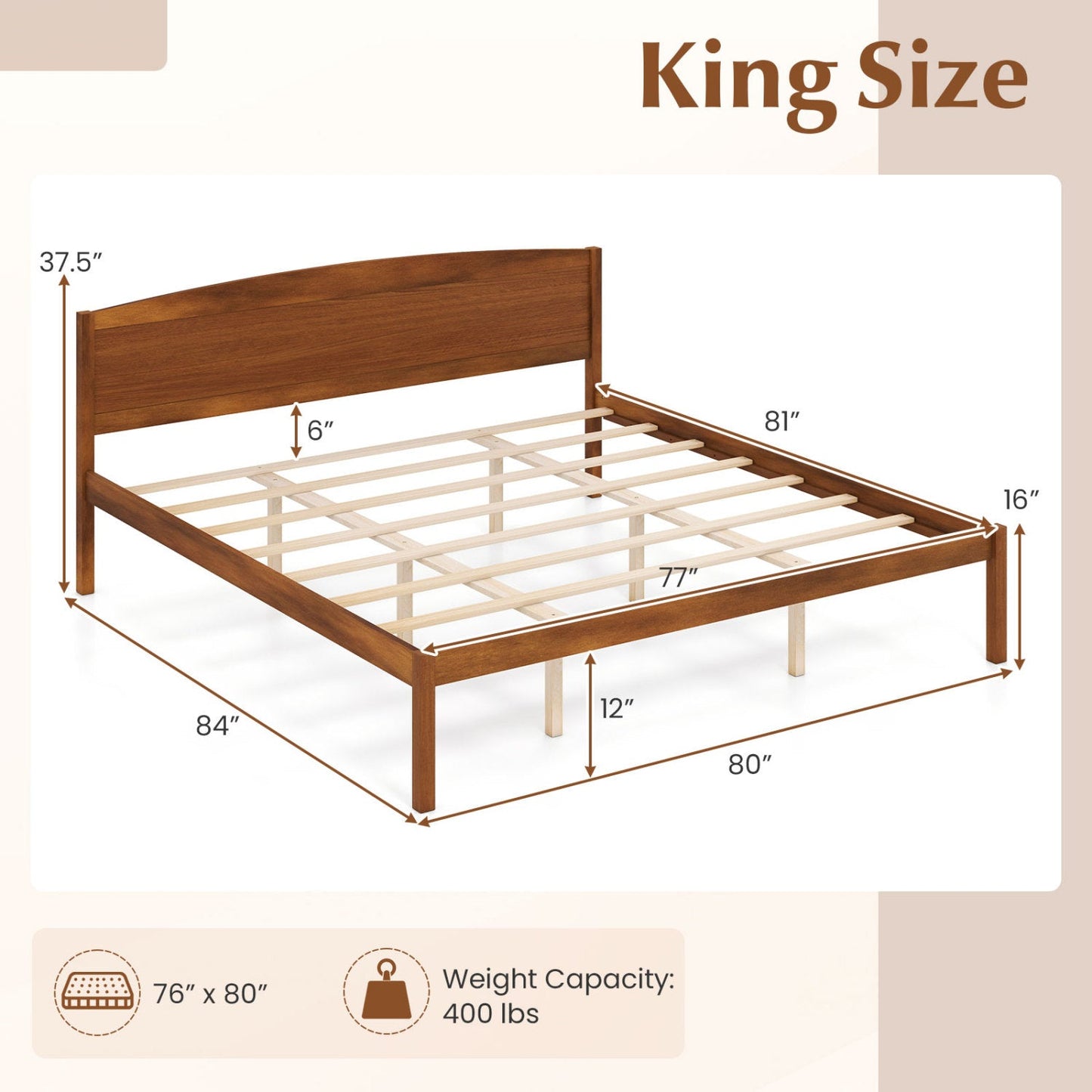 Bed frame DirectDeals King Size wooden platform bed with curved headboard in warm brown finish on Tampa Home & Garden Store