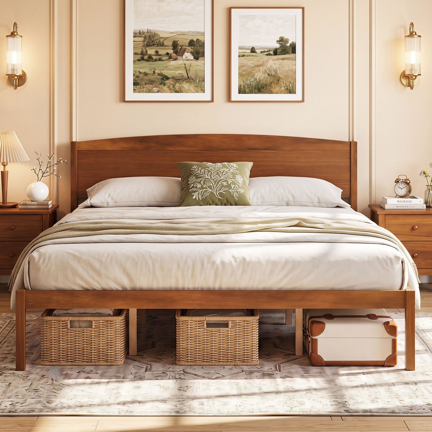 King size wooden platform bed frame with curved headboard in warm wood finish by DirectDeals on Tampa Home & Garden Store