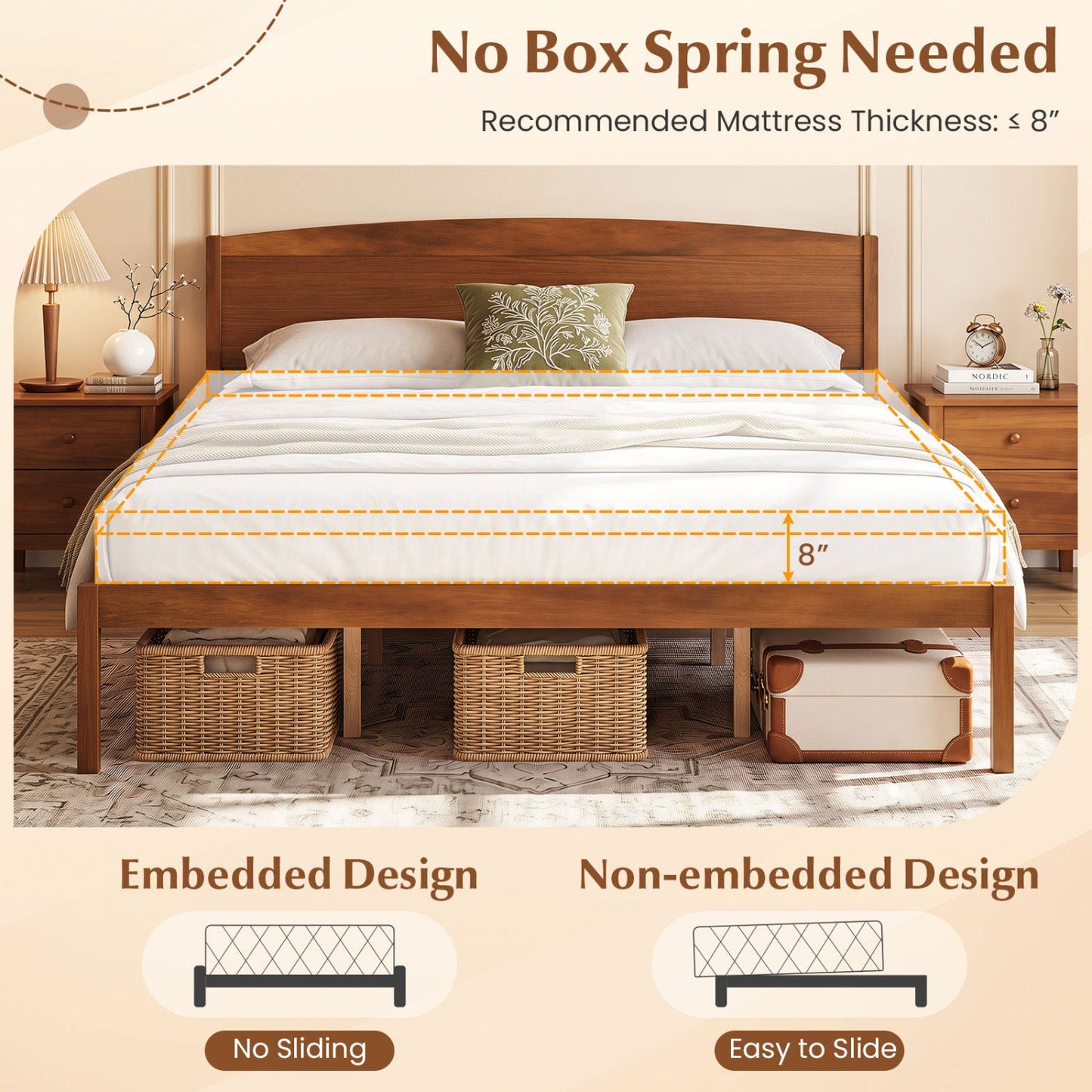King size wooden platform bed frame with curved headboard in warm walnut, DirectDeals on Tampa Home & Garden Store