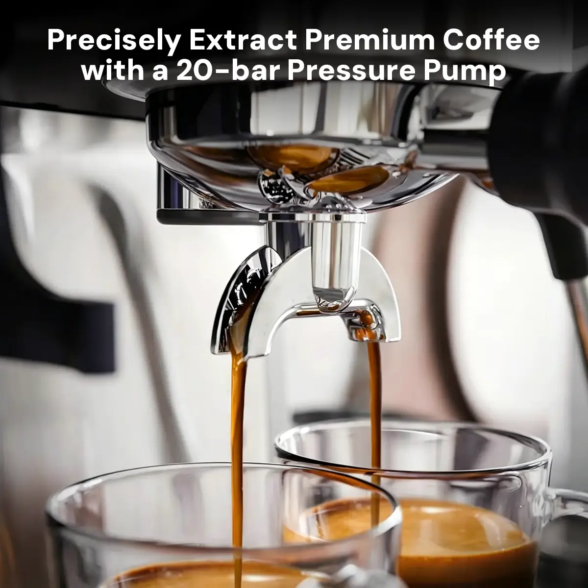 Kismile CM8031 espresso machine with chrome finish, 20-bar pump brewing into two glass cups on Tampa Home & Garden Store