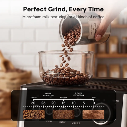 Kismile CM8031 espresso machine, 20 bar coffee maker with transparent bean hopper pouring beans on Tampa Home & Garden Store