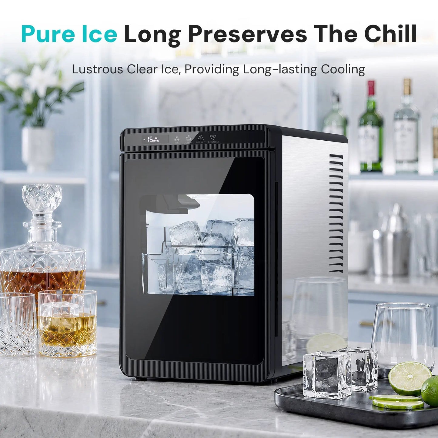 Kismile Clear Square Ice Cube Maker countertop, black finish, ice cubes visible on Tampa Home & Garden Store
