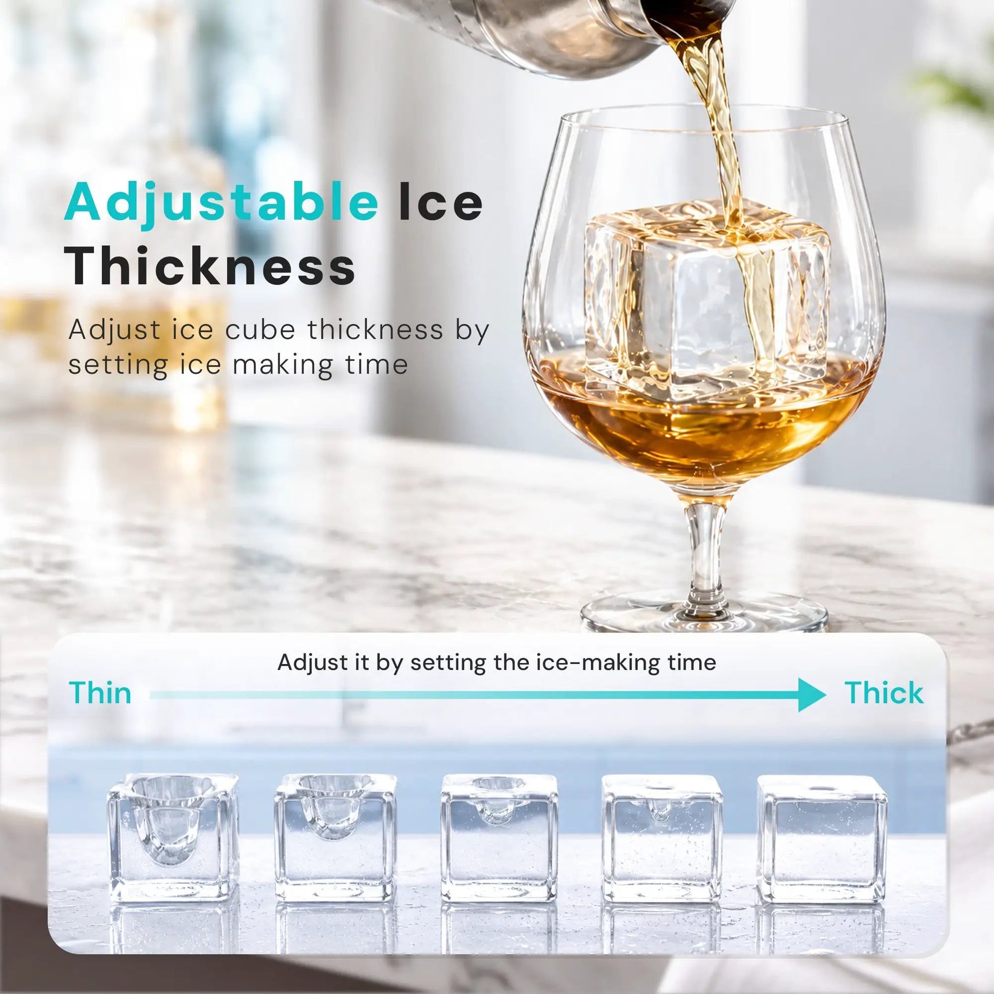 Kismile Square Ice Maker for Countertop with square ice cubes and adjustable thickness graphic on Tampa Home & Garden Store