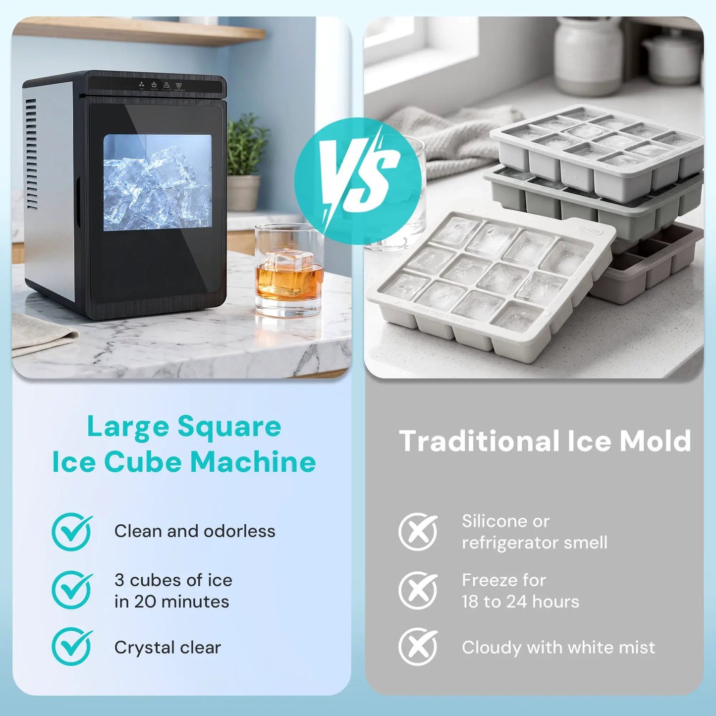 Kismile Clear Square Ice Cube Maker for Countertop with visible ice cubes; includes ice trays on Tampa Home & Garden Store