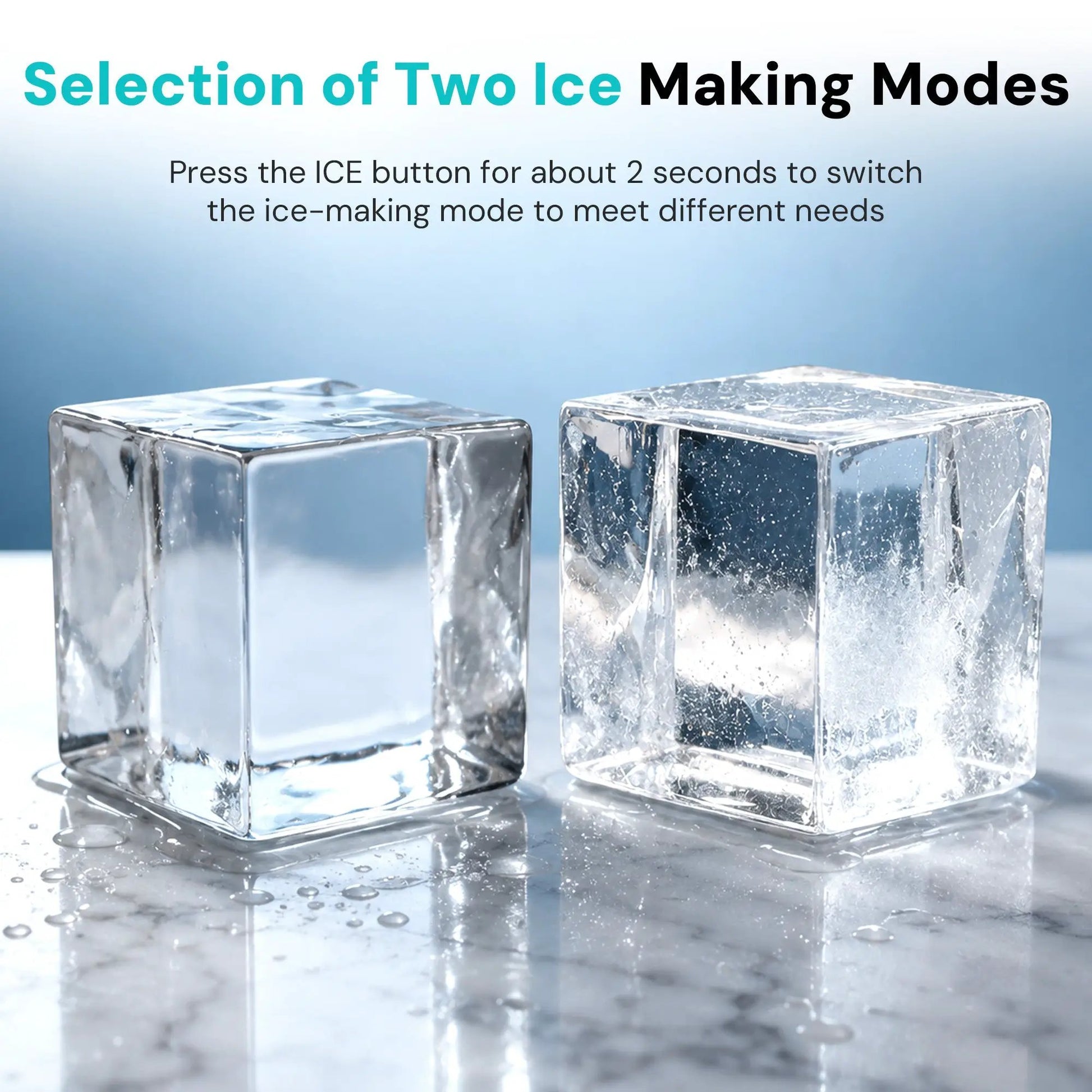 Kismile clear square ice cube maker for countertop with two clear ice cubes on Tampa Home & Garden Store