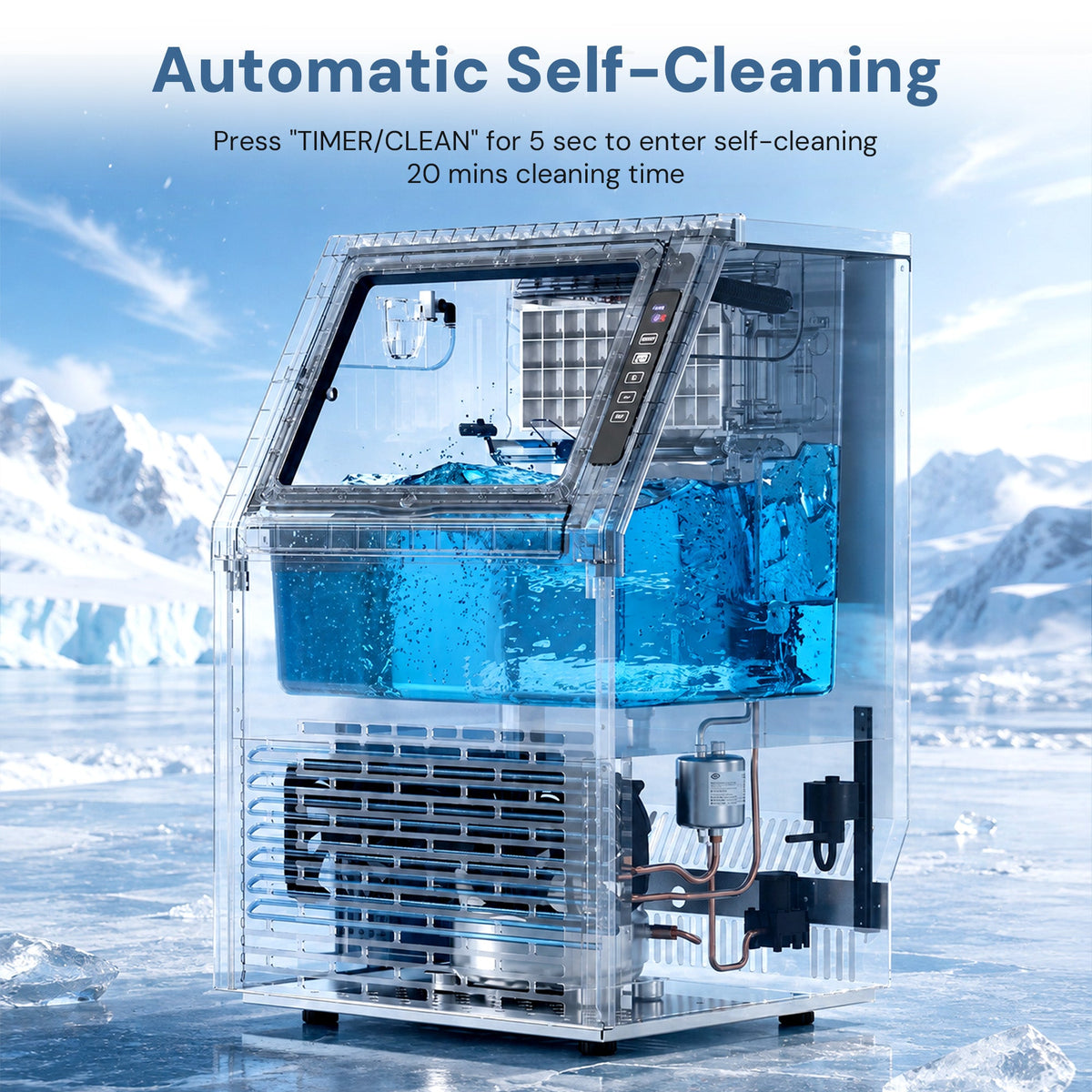 Commercial Ice Maker 80 Lbs/Day by Kismile, transparent housing reveals ice bin and control panel on Tampa Home & Garden Store