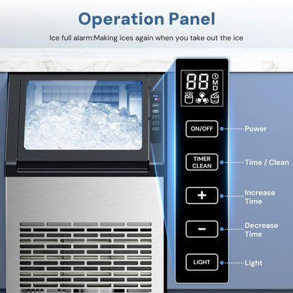Commercial ice maker with stainless steel exterior, ice-filled bin, blue control panel on Tampa Home & Garden Store