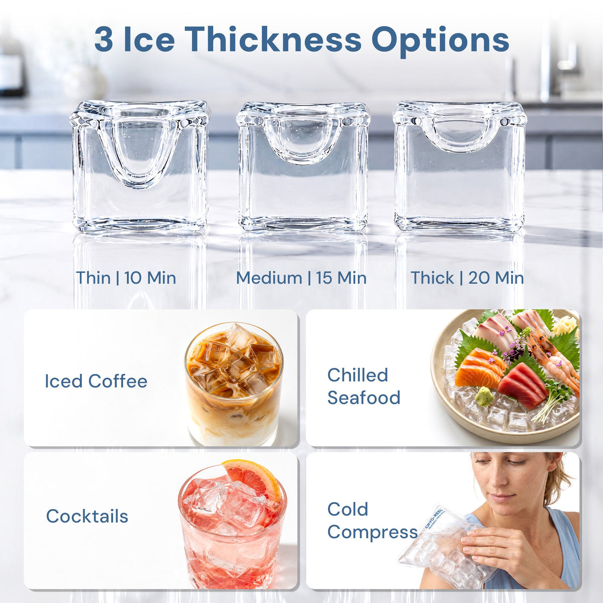 Commercial Ice Maker by Kismile showing three ice thickness options with glass ice cubes on Tampa Home & Garden Store