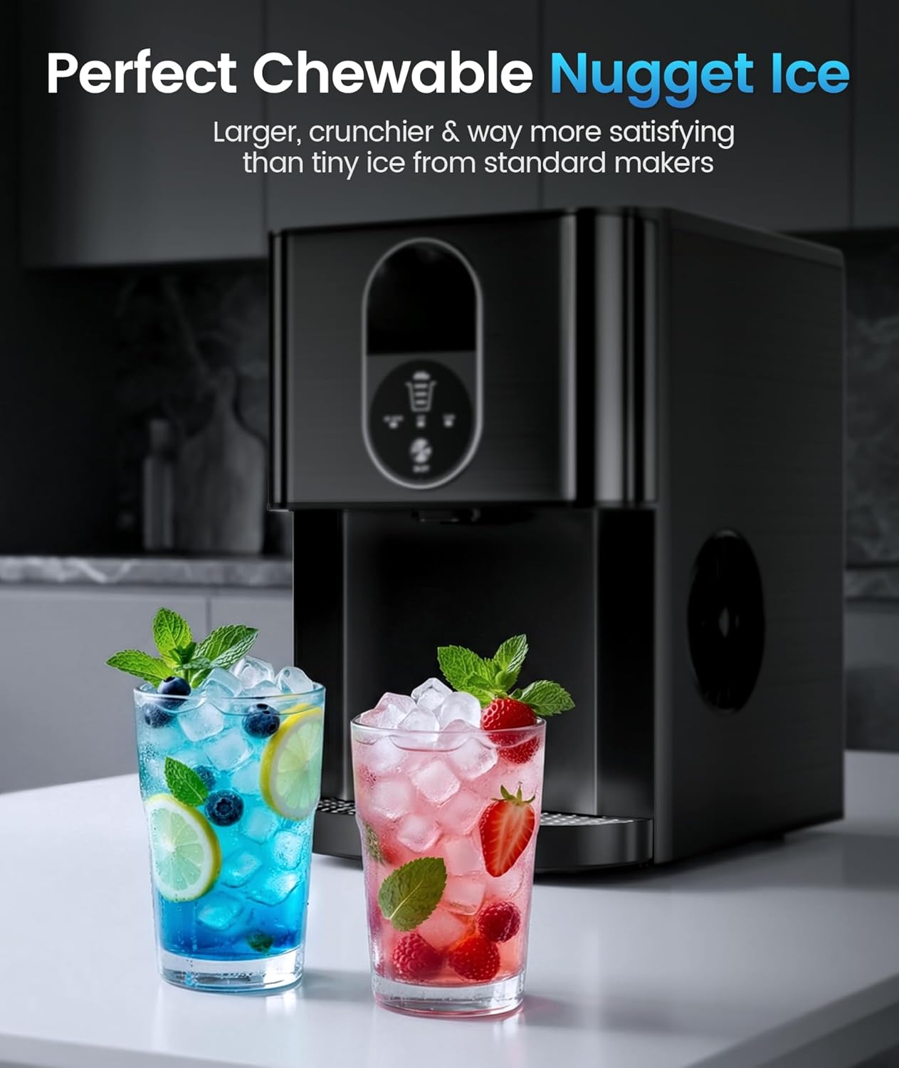 Kismile Nugget Ice Maker black pebble ice with touchscreen control and two drinks on Tampa Home & Garden Store