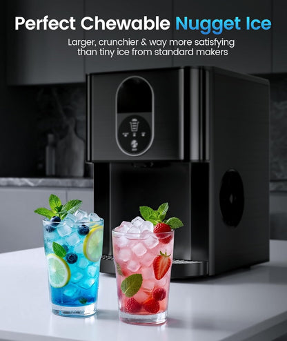 Kismile Nugget Ice Maker black pebble ice with touchscreen control and two drinks on Tampa Home & Garden Store