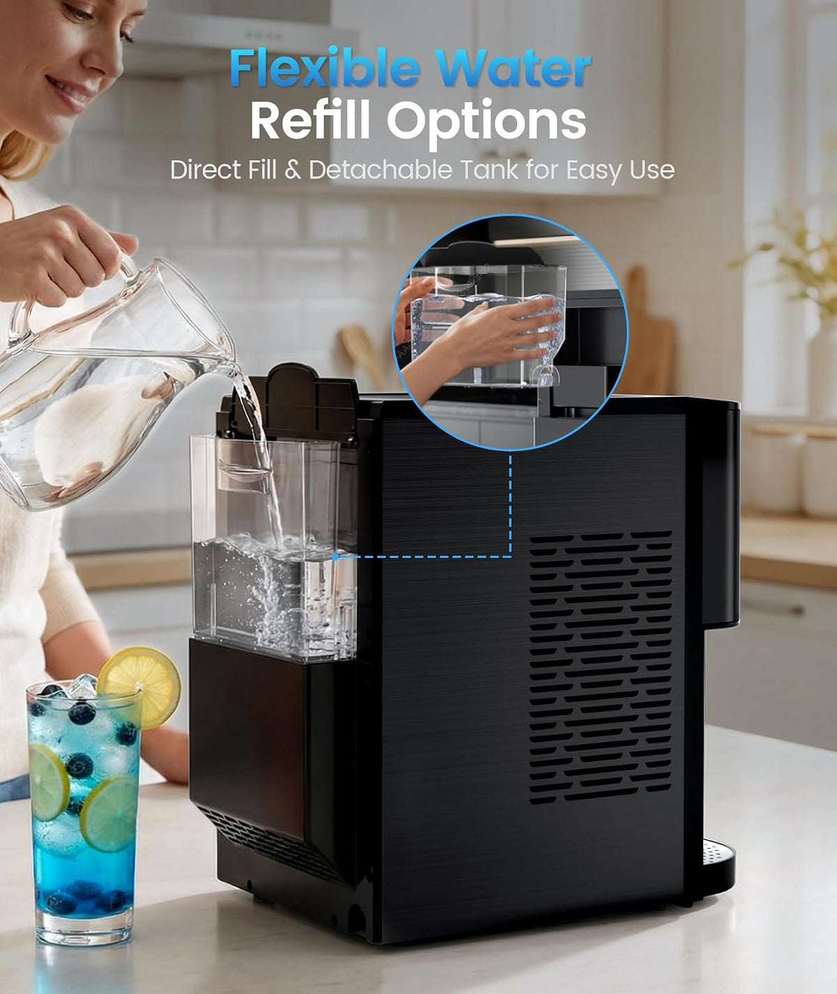 Kismile Nugget Ice Maker Z5820DN, black countertop with ice bin and water reservoir on Tampa Home & Garden Store