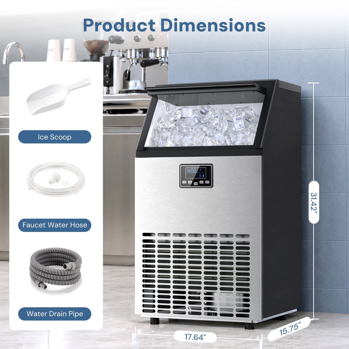 Kismile freestanding ice maker Z5845A, 265 Lbs capacity, stainless steel with ice in bin on Tampa Home & Garden Store