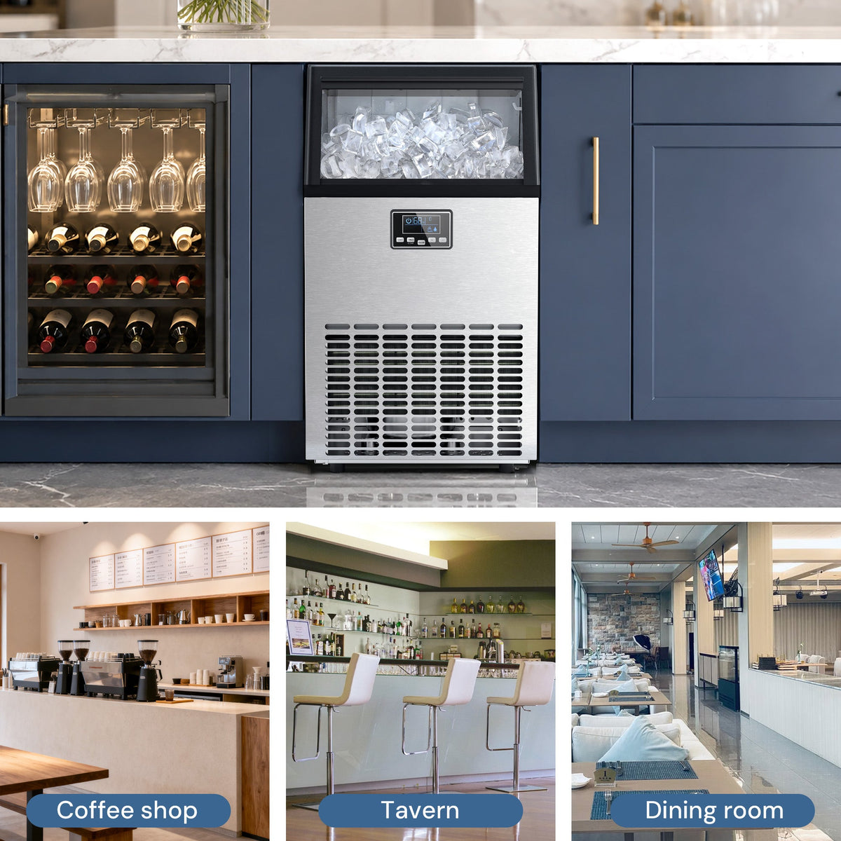 Kismile freestanding ice maker Z5845A 265 Lbs, stainless front with ice, blue cabinetry on Tampa Home & Garden Store