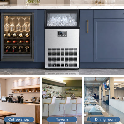 Kismile freestanding ice maker Z5845A 265 Lbs, stainless front with ice, blue cabinetry on Tampa Home & Garden Store