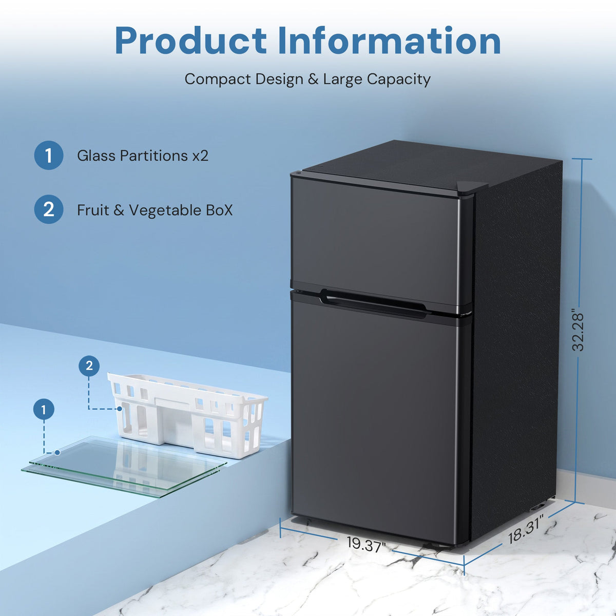 Kismile 3.2 cu ft mini fridge with freezer, black finish and glass shelves on Tampa Home & Garden Store