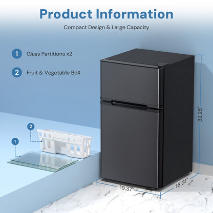 Kismile 3.2 cu ft mini fridge with freezer, black finish and glass shelves on Tampa Home & Garden Store